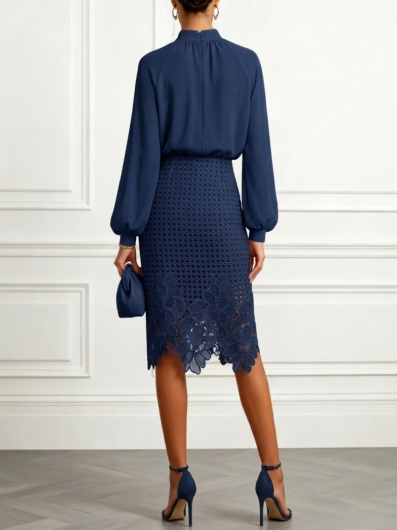 Lace Mock Neck Long Sleeve Balloon Sleeve With Skirt Two-Piece Set