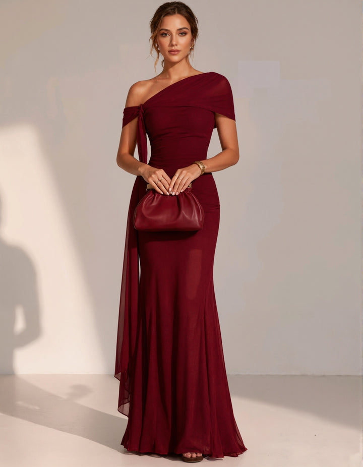 Burgundy Chiffon One Shoulder Short Sleeved Draped Maxi Dress