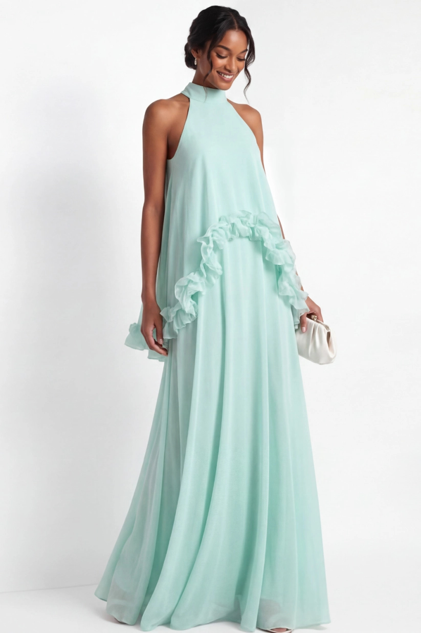 Halter A-Line Chiffon Ruffled Maxi Dress