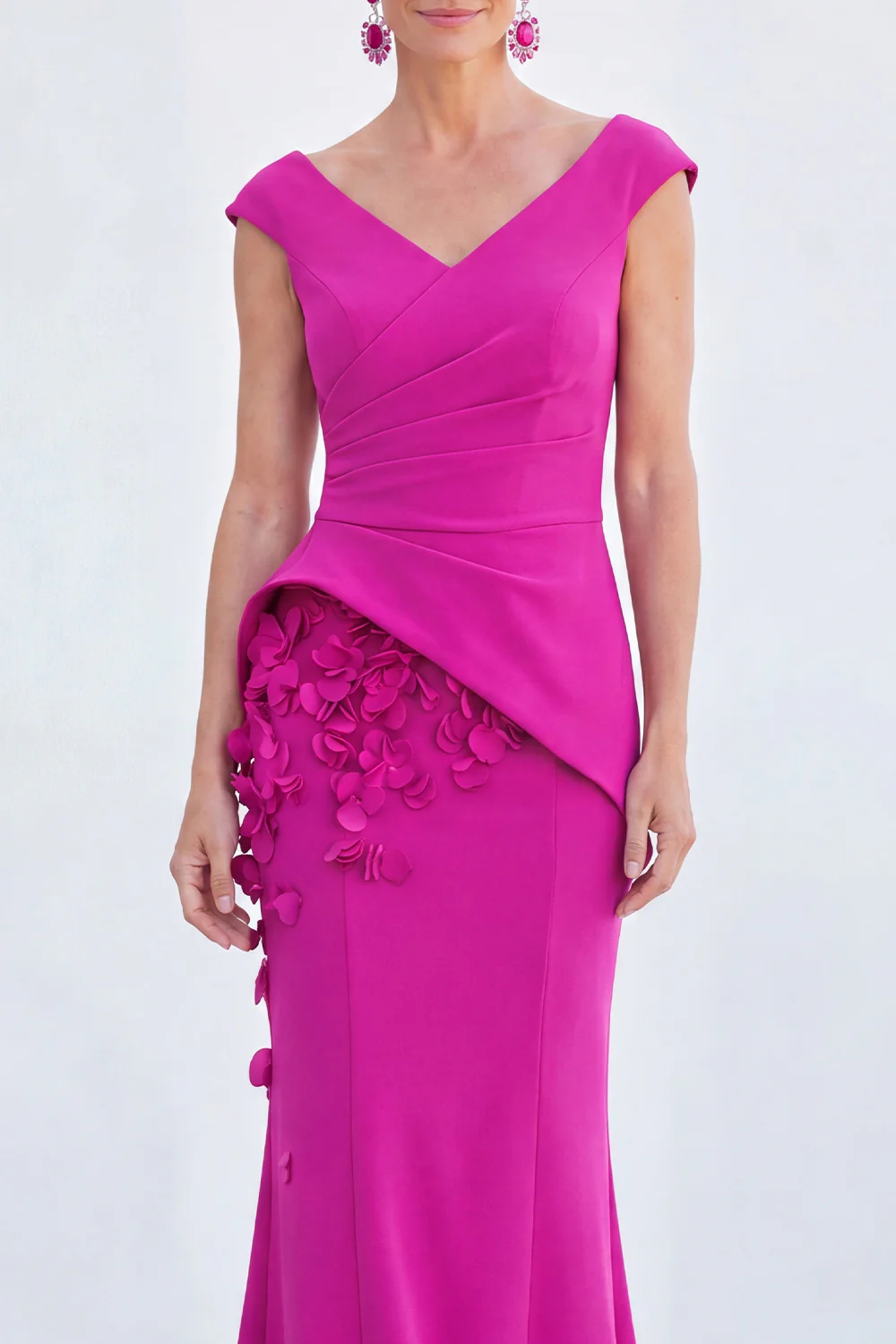 V-Neck Ruched Mermaid 3D Flowers Maxi Dress