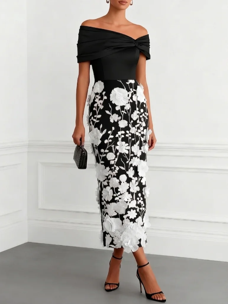 3D Floral Applique Classic Off The Shoulder Short Sleeve Sheath Midi Dress