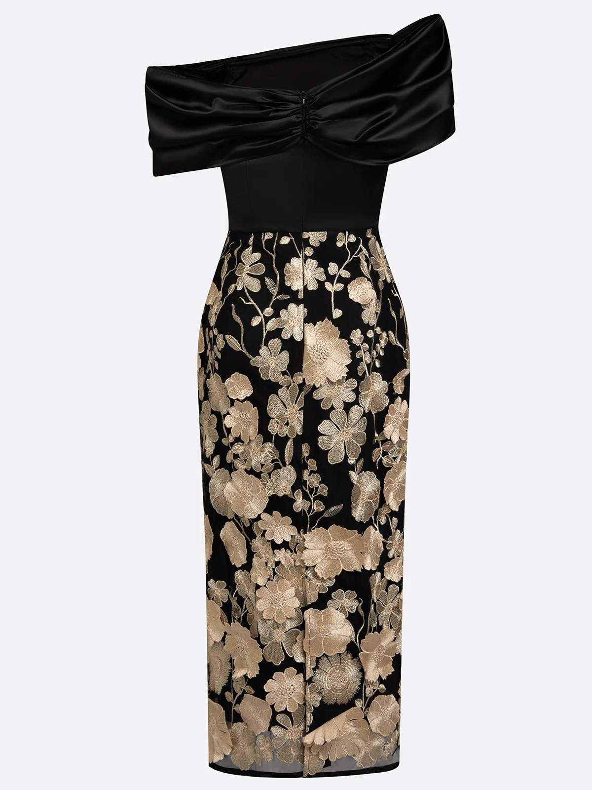 3D Floral Applique Classic Off The Shoulder Short Sleeve Sheath Midi Dress