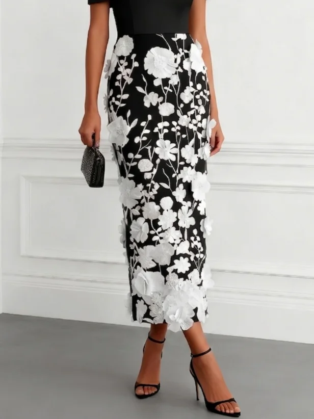 3D Floral Applique Classic Off The Shoulder Short Sleeve Sheath Midi Dress