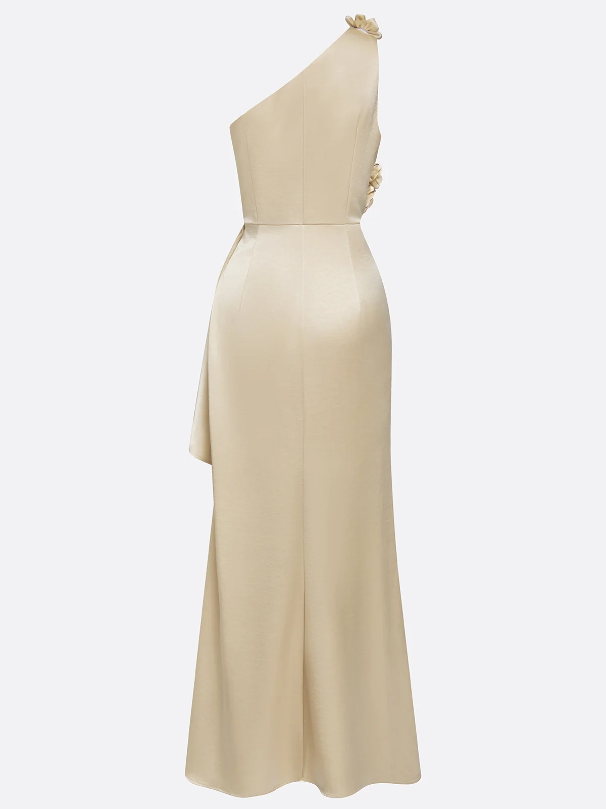 Champagne One-Shoulder 3D Floral Ruched Satin Sheath Gown