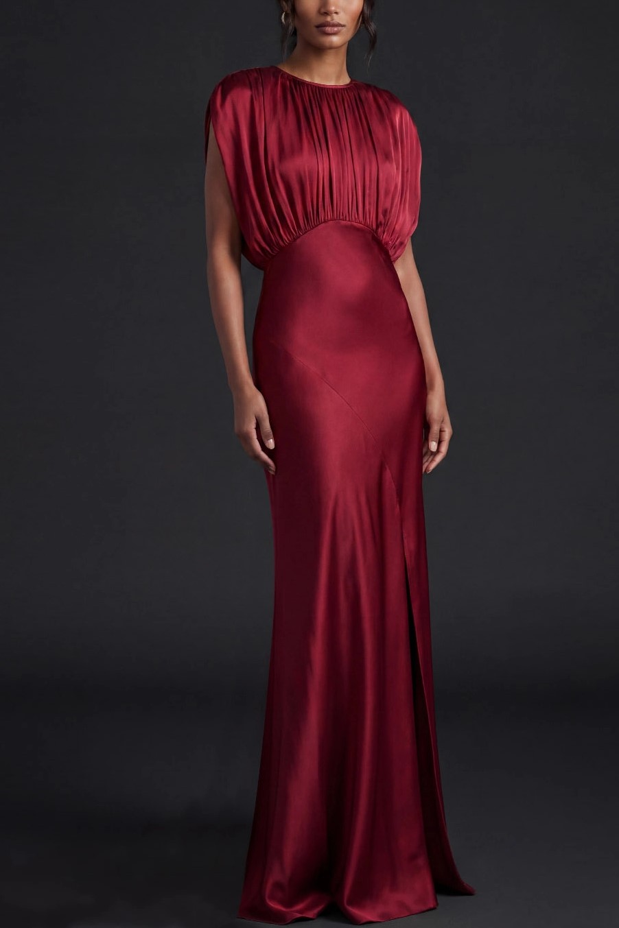 Burgundy Round Neck Mermaid Ruched Formal Evening Dress