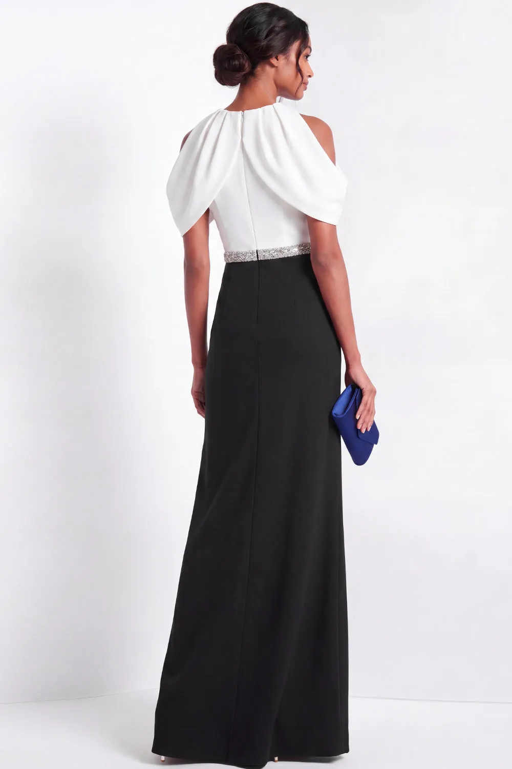 Black & White Cold-Shoulder Draped Bodice Beaded Waist Sheath Gown