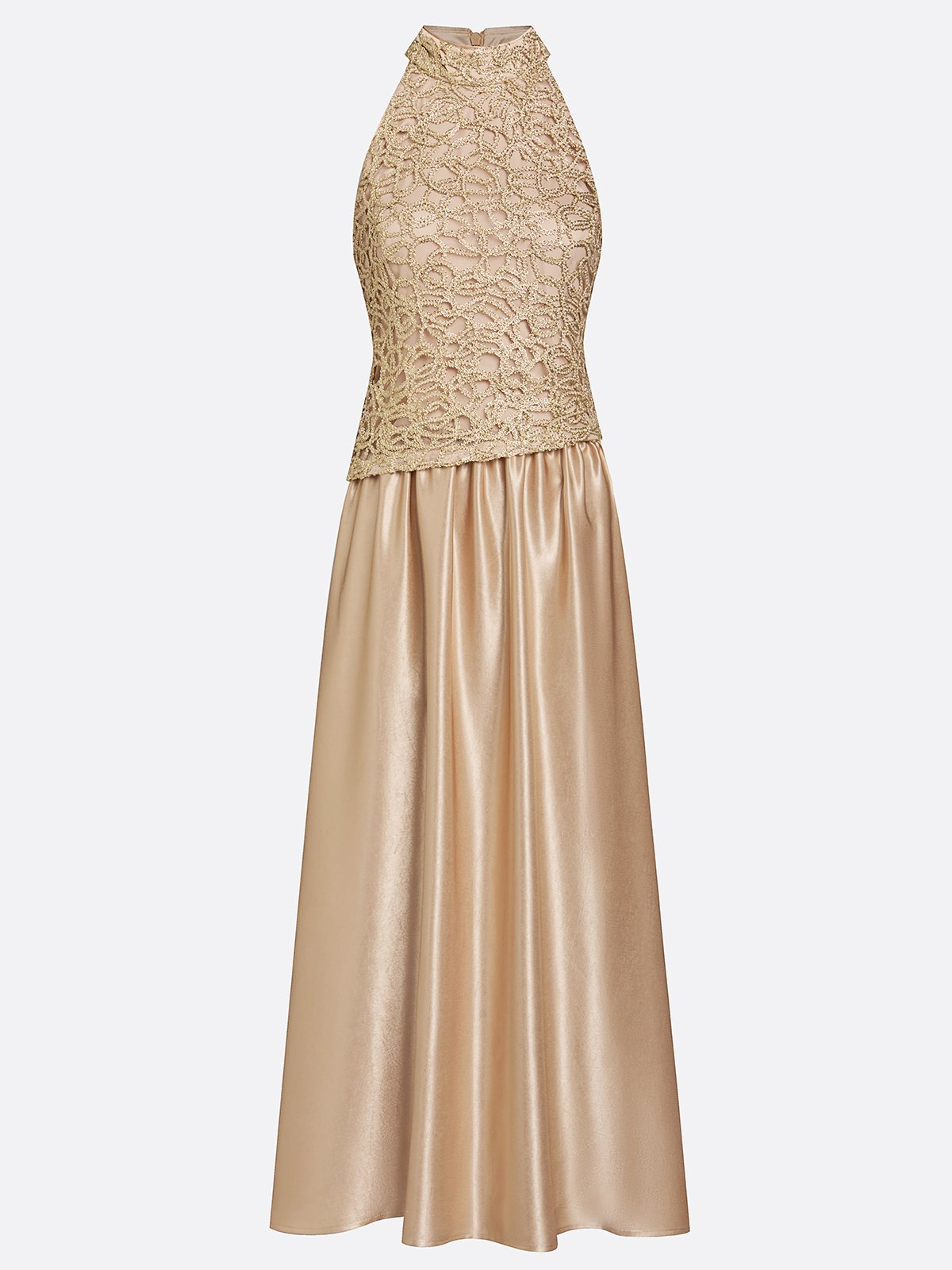 Champagne Sleeveless Halter Neck Lace Bodice Satin A-Line Maxi Dress