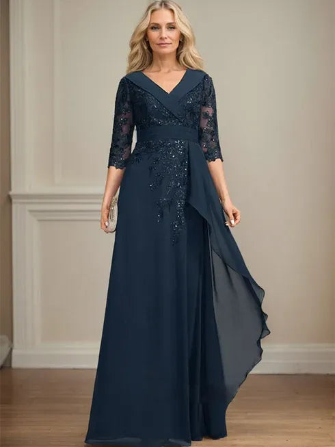A-line Collared V-Neck Floor-Length Lace Chiffon Mother of the Bride Dress With Sequins Cascading Ruffles
