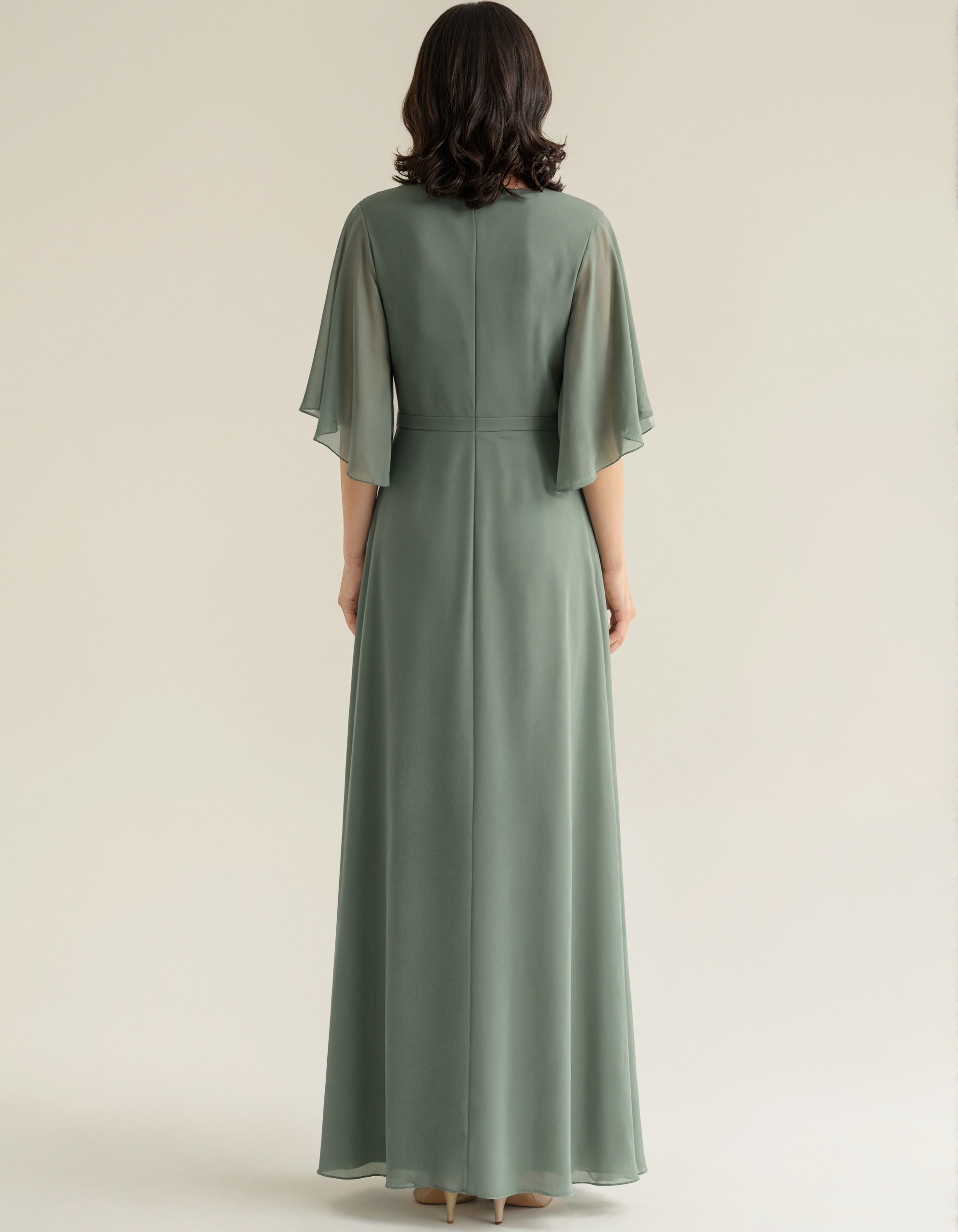 Grey Green Chiffon V-Neck Flutter Sleeves Maxi Dress