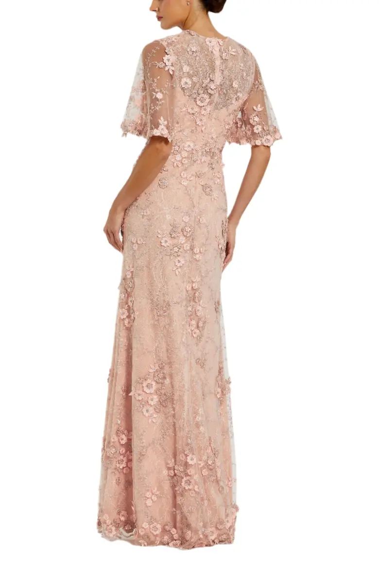 Elegant Floral Embroidered Evening Gown with Flutter Sleeves