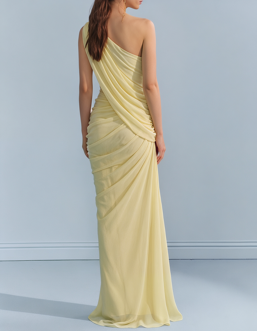 Chiffon One-Shoulder Fitted Waist Fishtail Maxi Dress