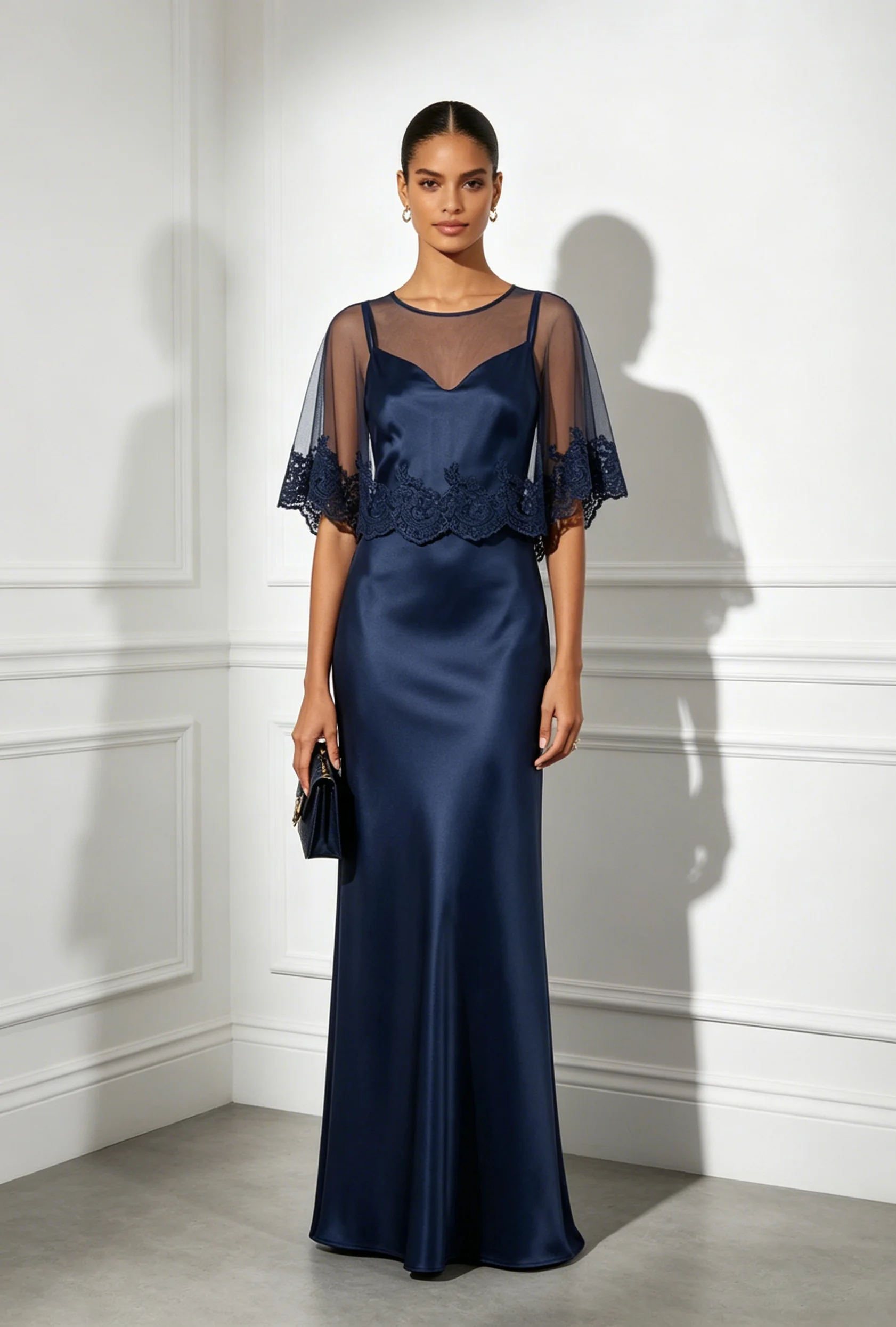 Navy Blue Lace Mesh Satin Crew Neck Cap Sleeve Sheath Floor-length Gown Dress