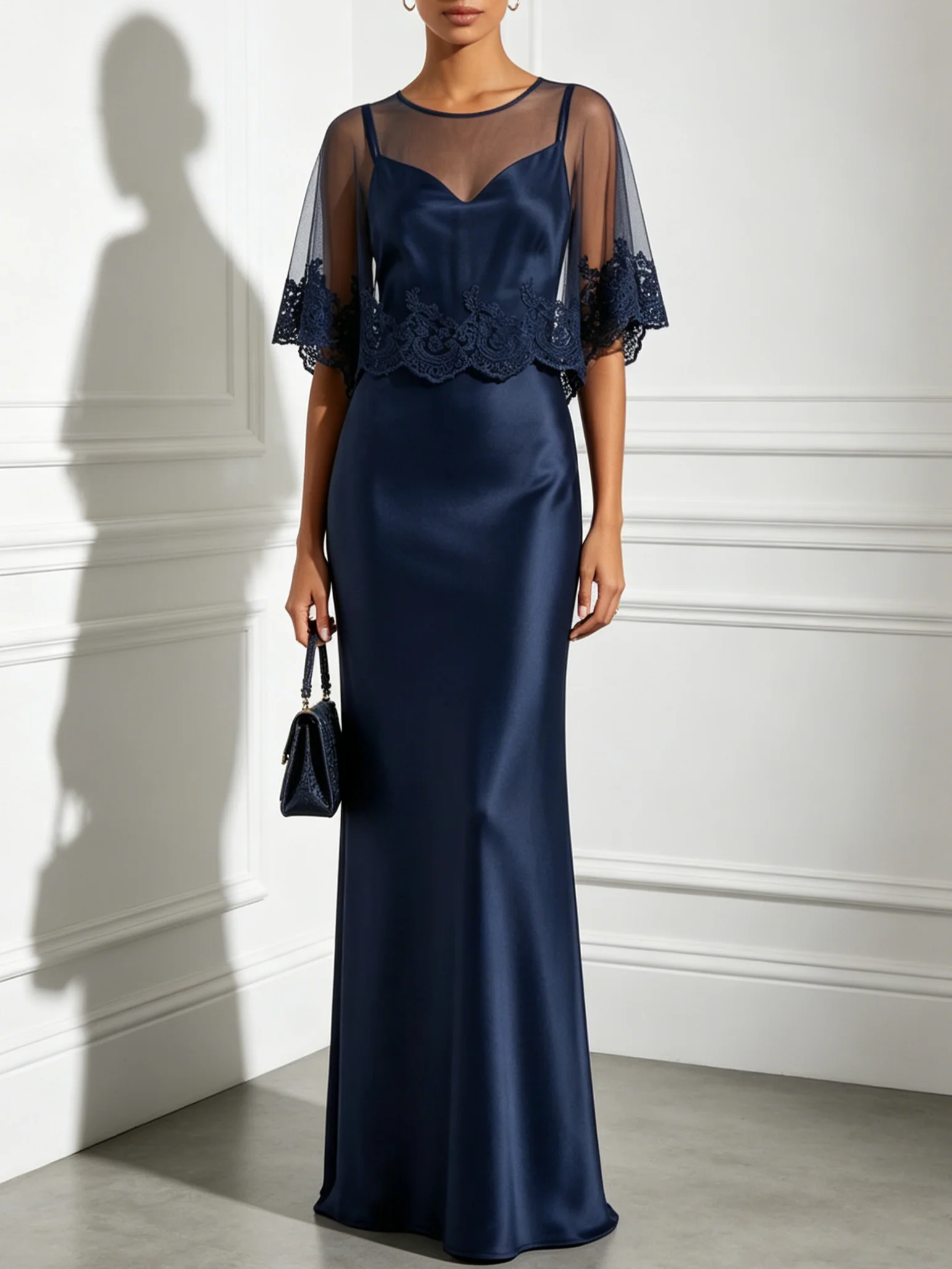 Navy Blue Lace Mesh Satin Crew Neck Cap Sleeve Sheath Floor-length Gown Dress