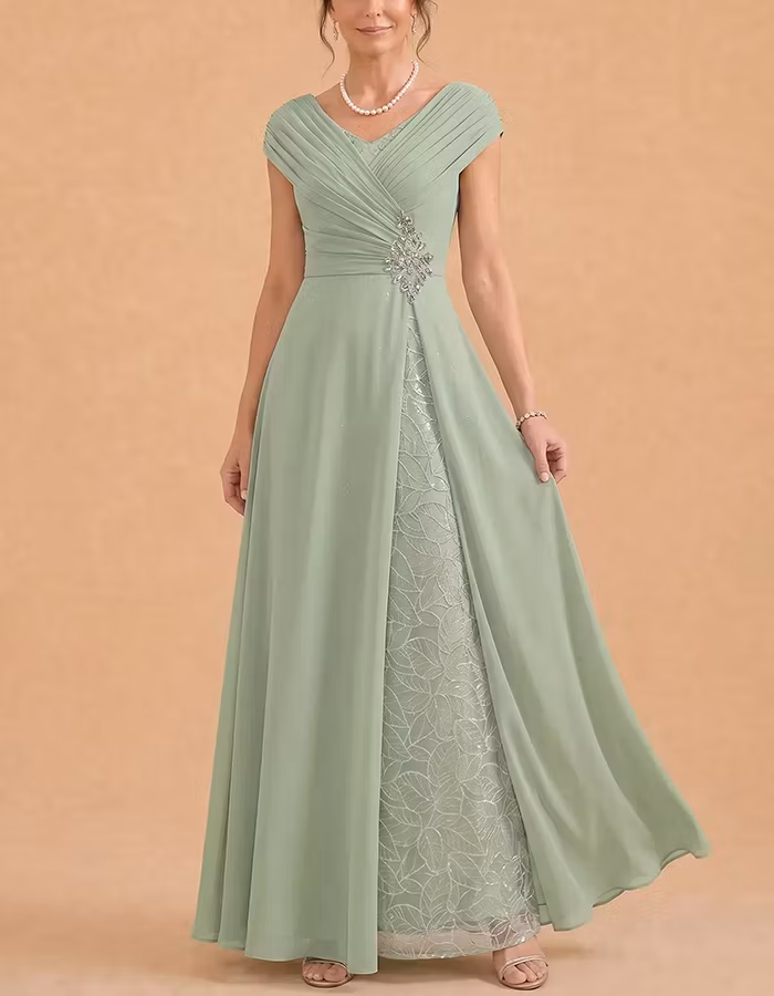 Sage Green V-Neck Beaded Waist Chiffon Maxi Dress