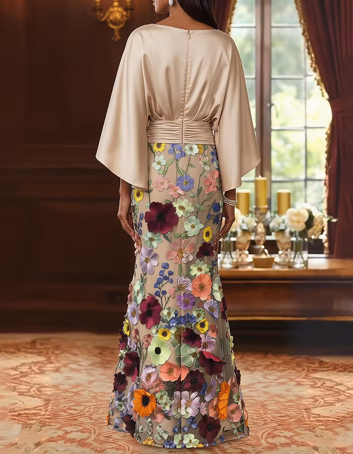 Champagne Satin Capelet & Colorful 3D Floral Mermaid Maxi Dress