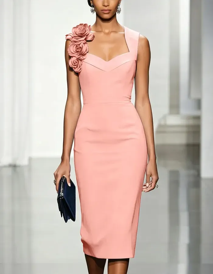 One-Shoulder Blended 3D Floral Midi Dress
