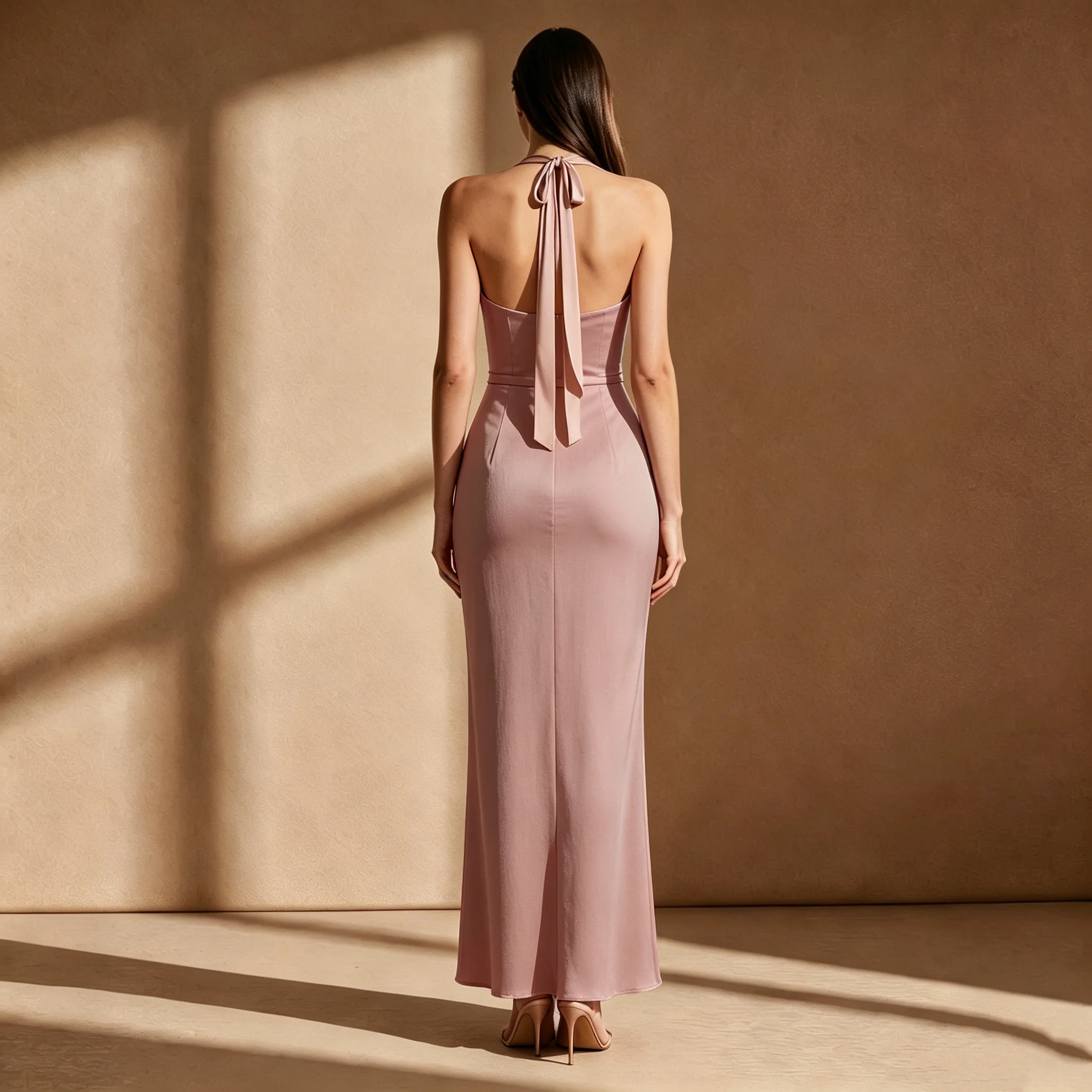 Light Pink Classic Halter Neck Sleeveless Sheath Floor-length Gown Dress
