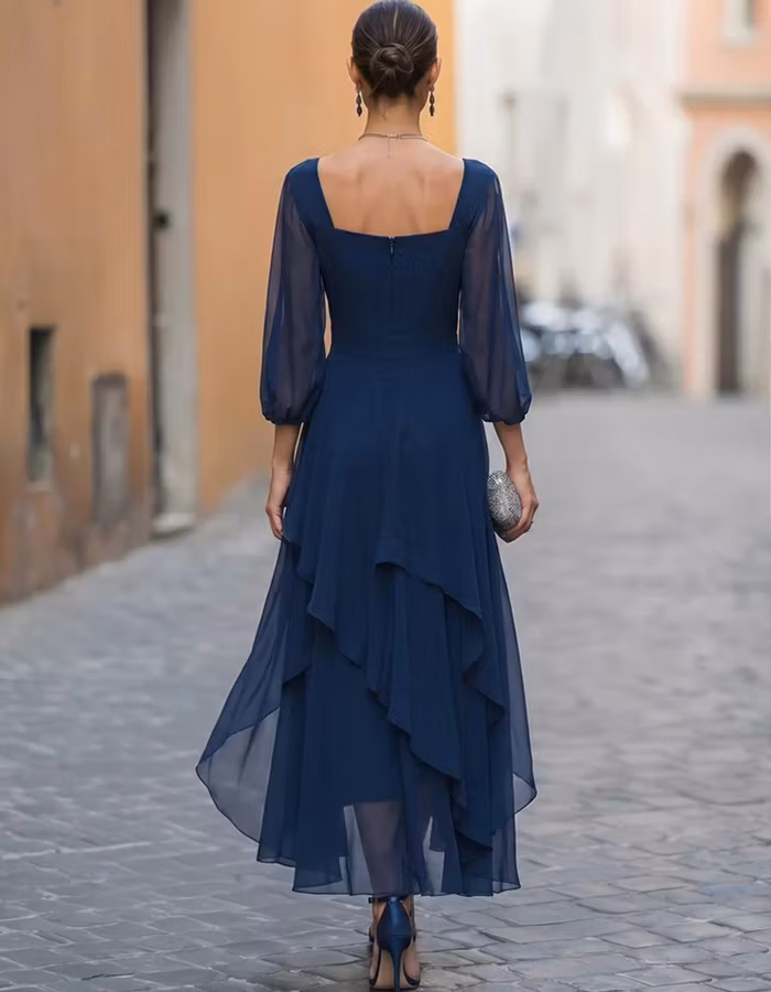 Navy Blue Chiffon High-Low Hem Midi Dress