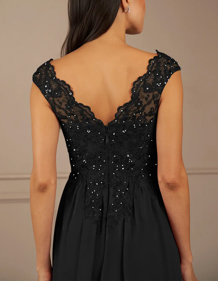 Black Sequined Chiffon A-Line V-Neck Maxi Dress