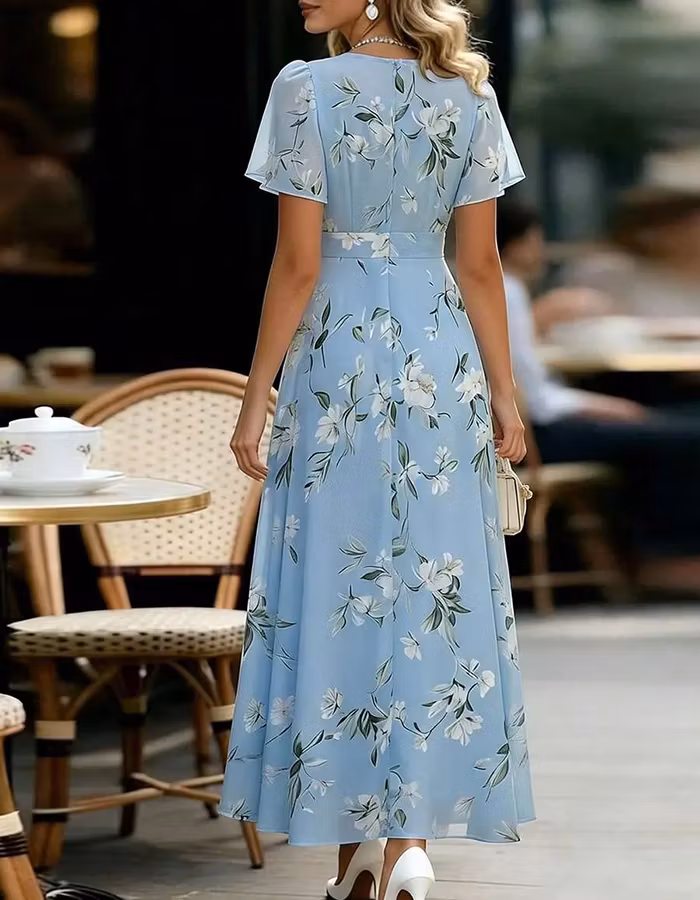 Light Blue Floral Chiffon Flutter Sleeve Midi Dress
