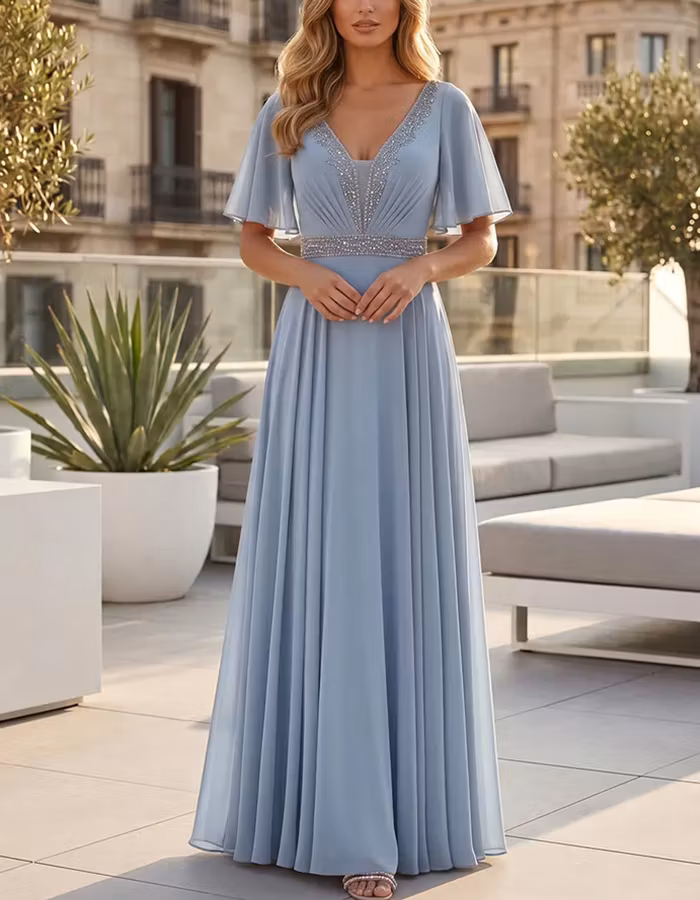 Dusty Blue Sequined Flutter Sleeve Chiffon Maxi Dress
