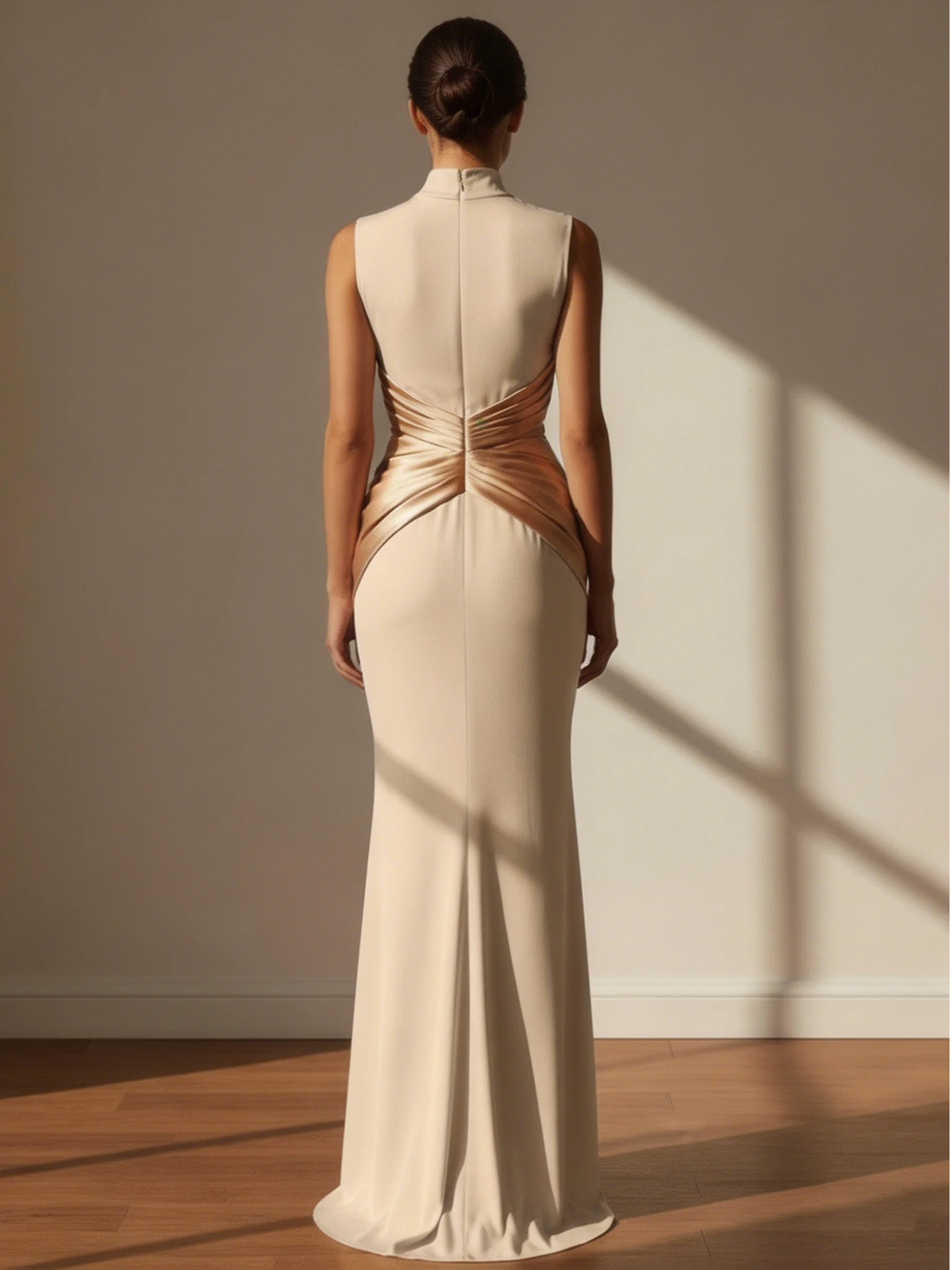 Off White Knit Mock Neck Sleeveless Mermaid Gown Dress