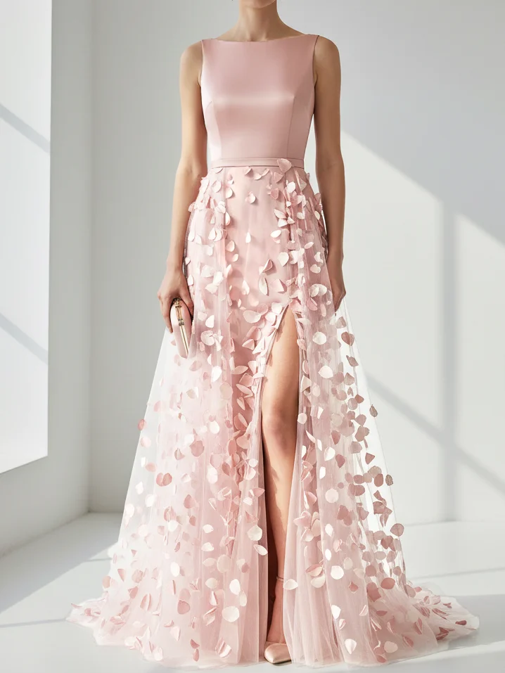 Pink 3D Floral Classic Boat Neck Sleeveless A-Line Floor Length Dress