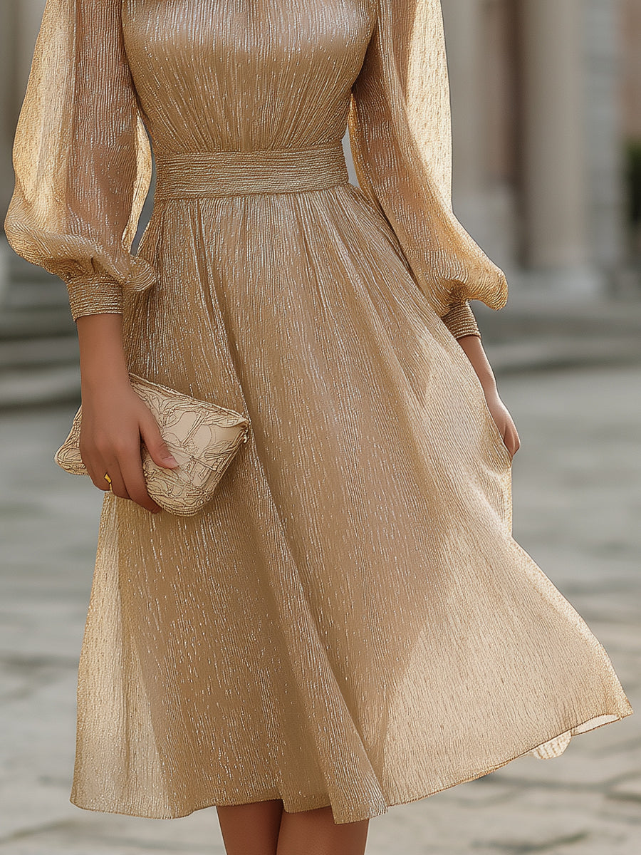 Champagne Pleated High-Neck Midi Dress