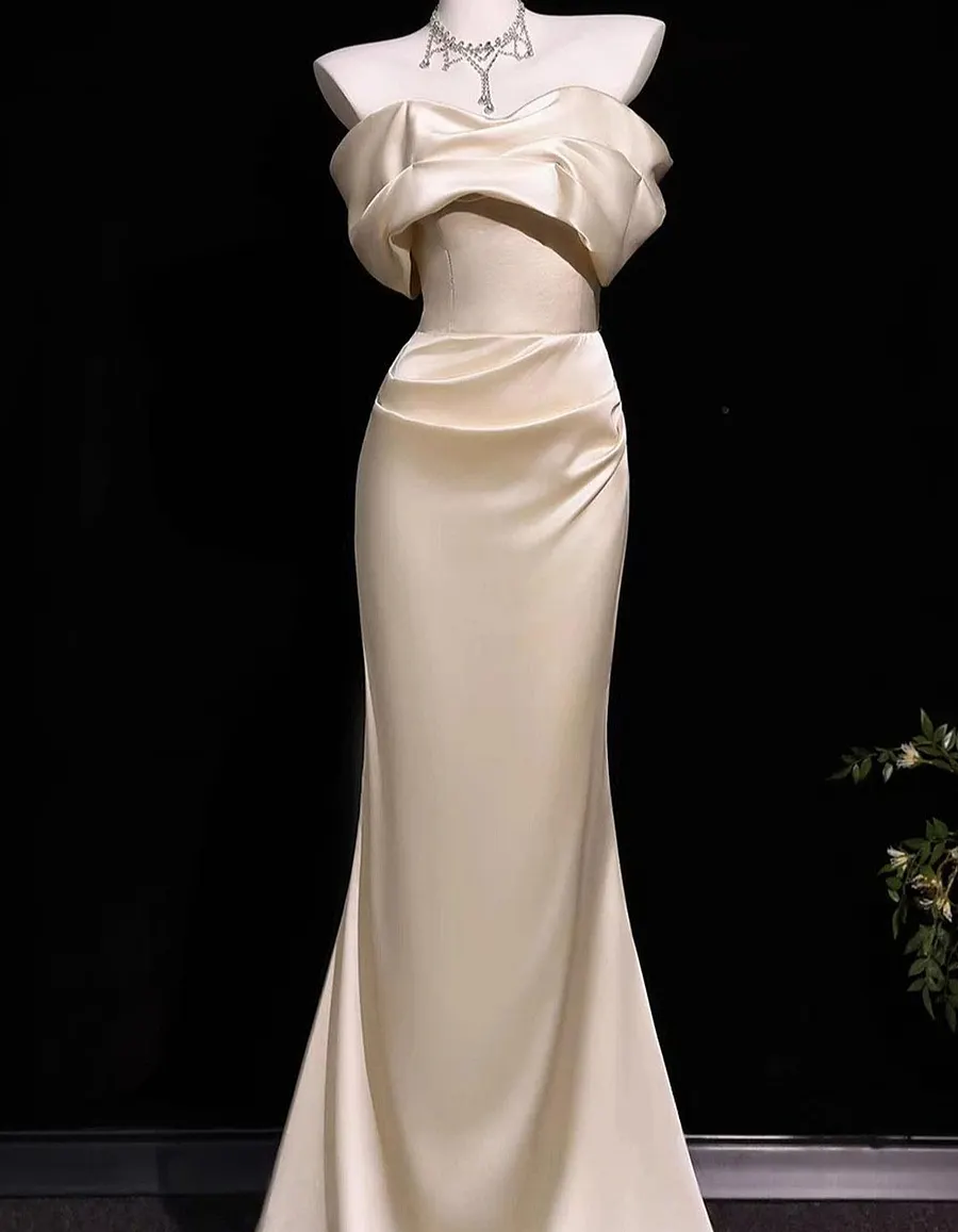 Light Champagne Satin Off-The-Shoulder Fishtail Maxi Dress