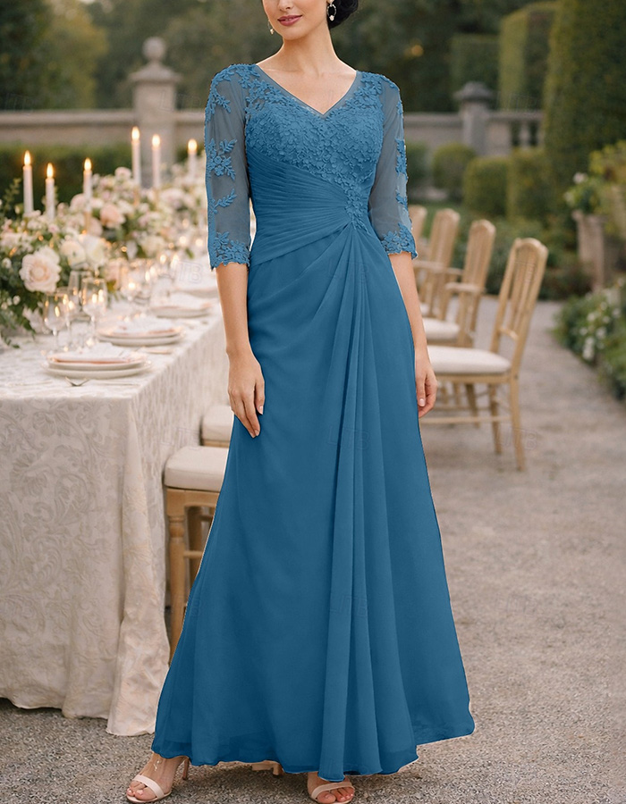 Champagne Lace Chiffon V-Neck Maxi Dress