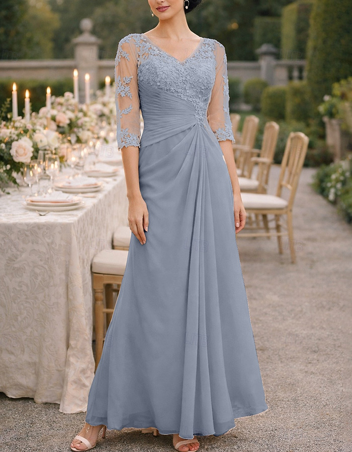 Champagne Lace Chiffon V-Neck Maxi Dress