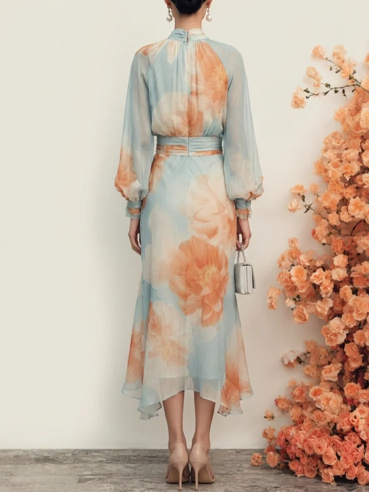 Women Light Blue Floral Mock Neck Long Sleeve Balloon Sleeve Romantic Top With Skirt Two-Piece Set