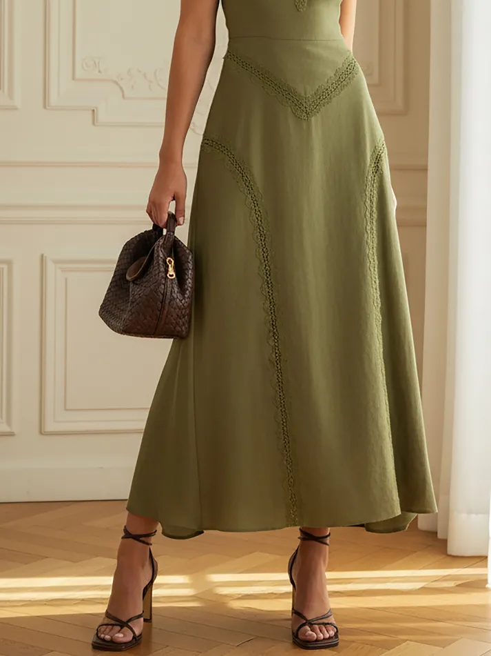 Maxi Linen Dress, Sleeveless, Round Neck, Plain, Lace, Vintage, Green