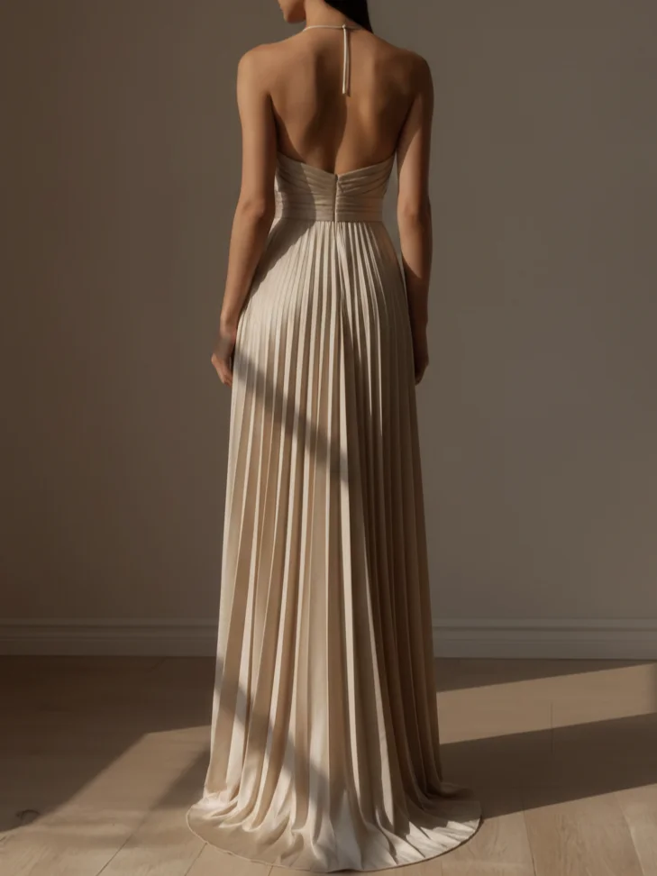 Light Khaki Pleated Satin Halter Neck Sleeveless A-Line Gown Dress
