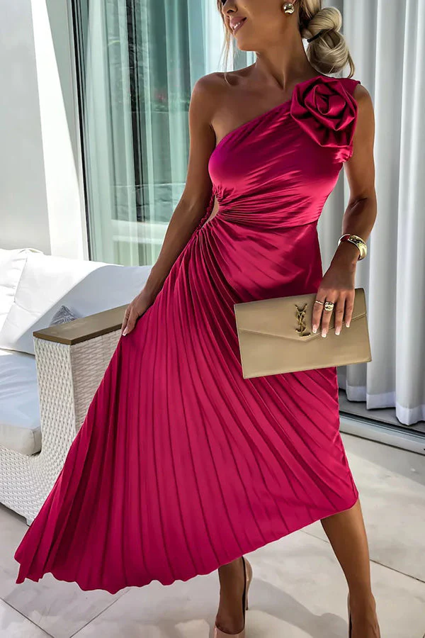 Formal Wedding Guest Dress: Green Satin Pleated Midi
