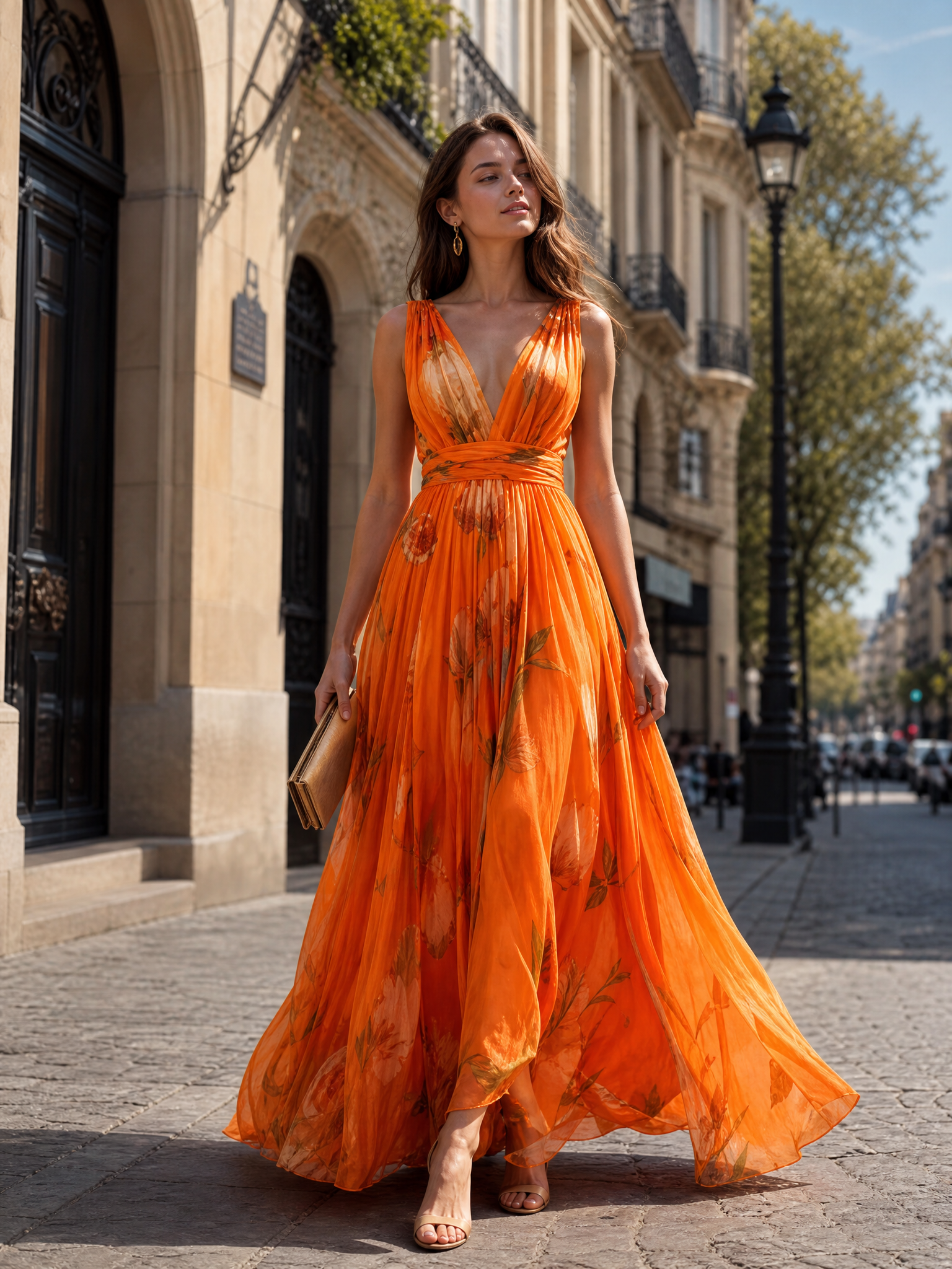 Plunging V-Neck Pleated Floral Print Floor-Length Chiffon A-Line Gown