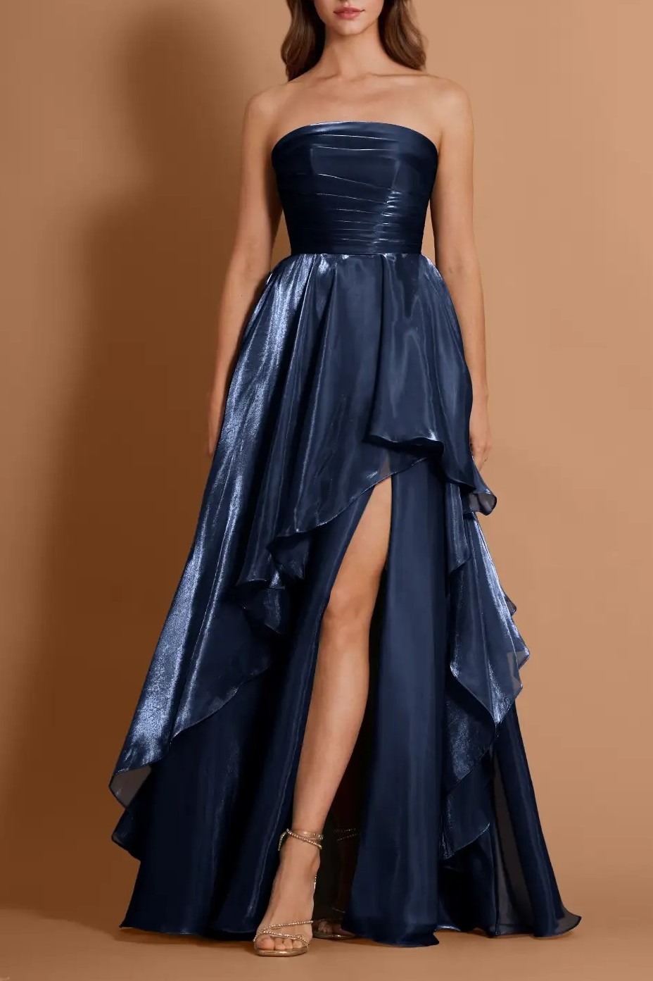 Burgundy Strapless Ruffled High-Slit Evening Gown