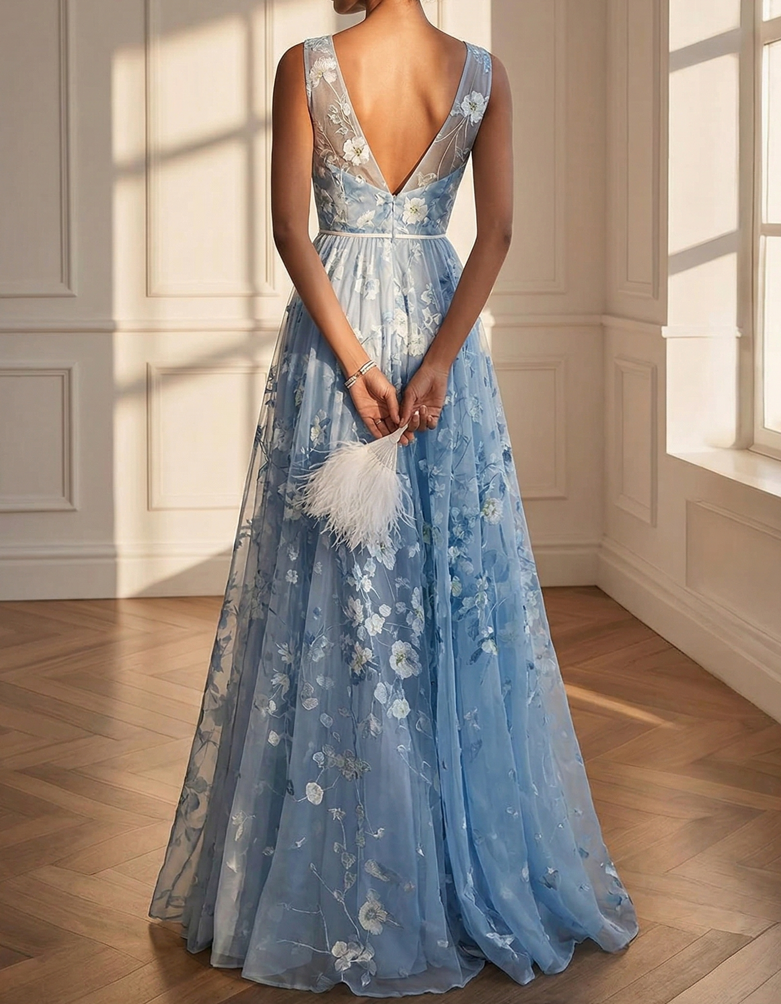 Sky-Blue Chiffon Printed V-Neck Empire-Waist Maxi Dress
