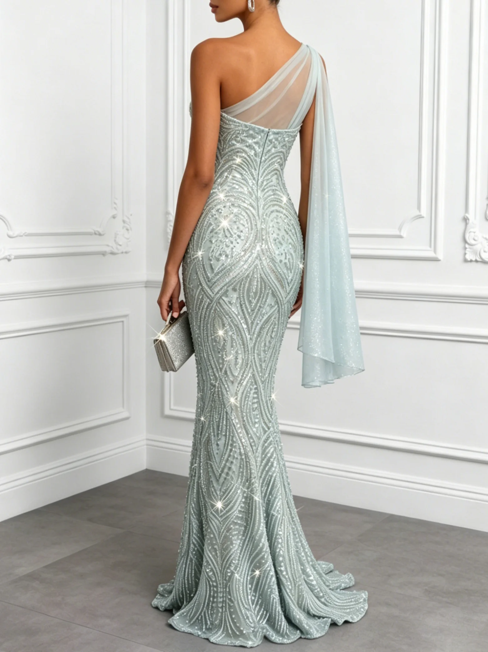 Lightgreen Glitter Beaded Classic One Shoulder Sleeveless Mermaid Gown Dress