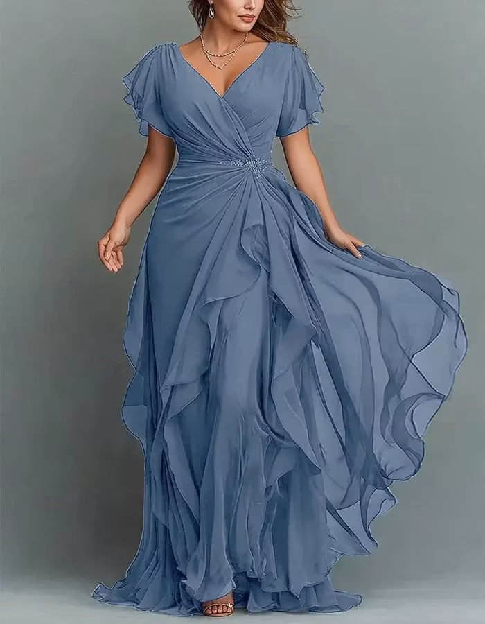 Solid Color V-neck Ruffled Chiffon Maxi Dress