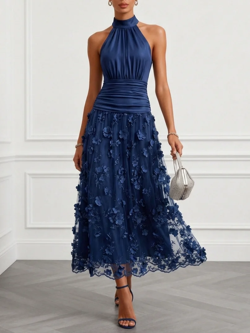 3D Floral Embroidery Classic Halter Neck Sleeveless A-Line Maxi Dress