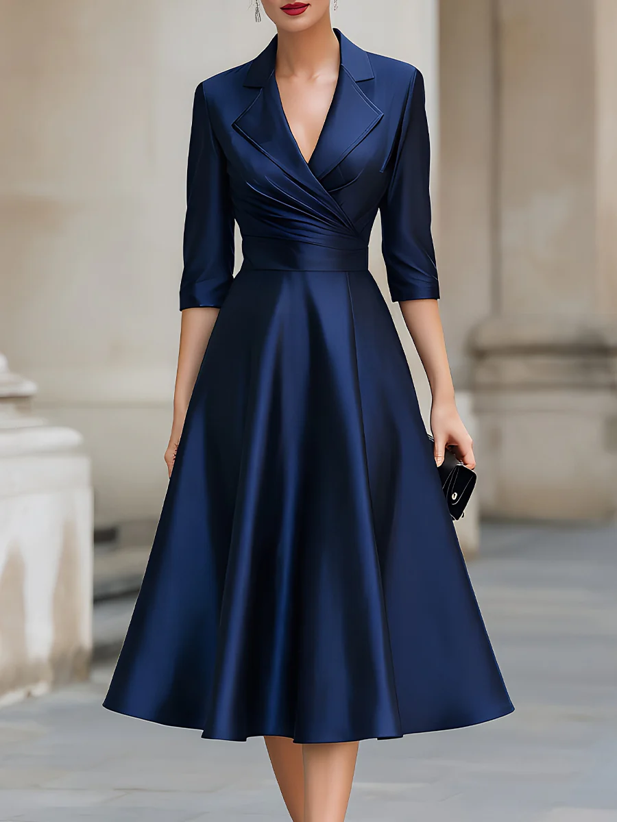 Satin Blazer-Collar Wrap-Waist A-Line Midi Dress