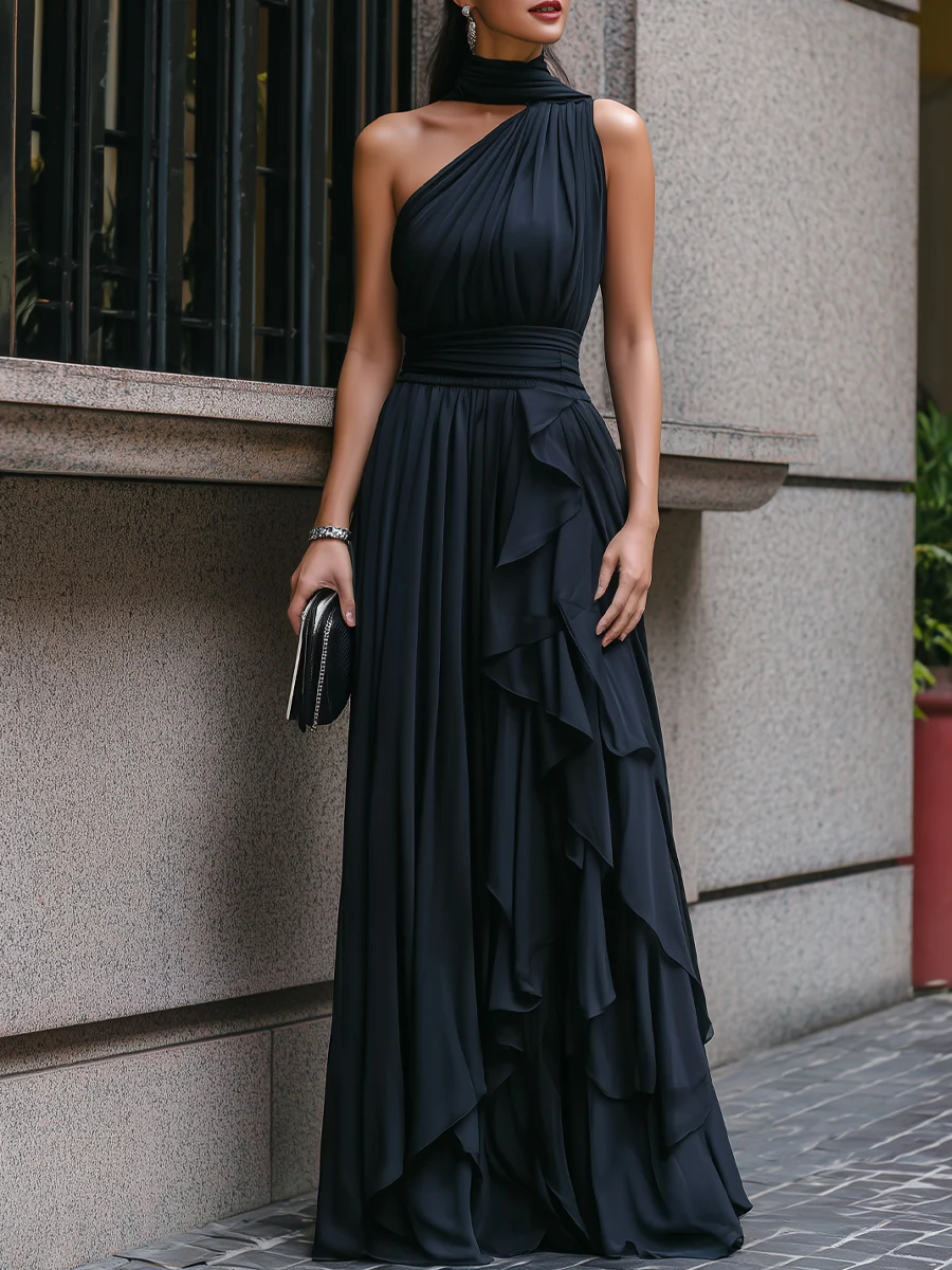One-Shoulder Asymmetrical Chiffon Ruffles Maxi Gown