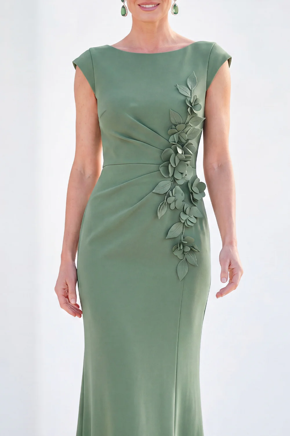 Cap Sleeve Floral Applique Ruched Mermaid Maxi Dress