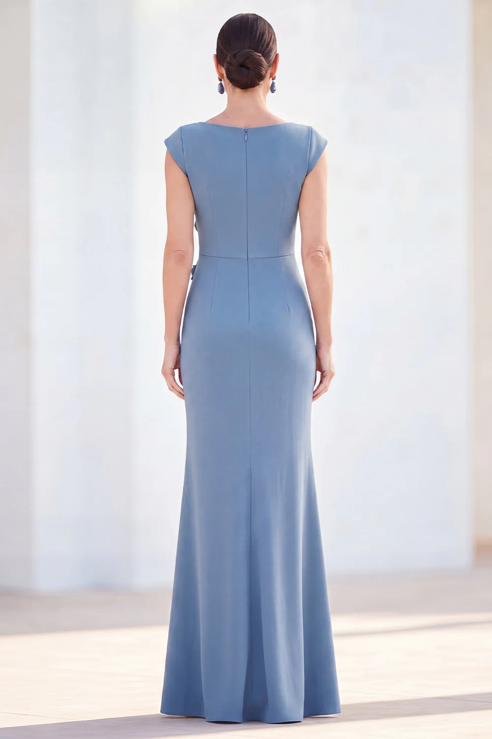 Cap Sleeve Floral Applique Ruched Mermaid Maxi Dress