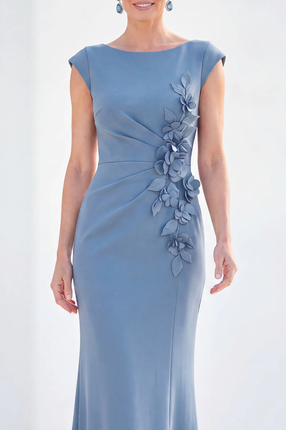 Cap Sleeve Floral Applique Ruched Mermaid Maxi Dress