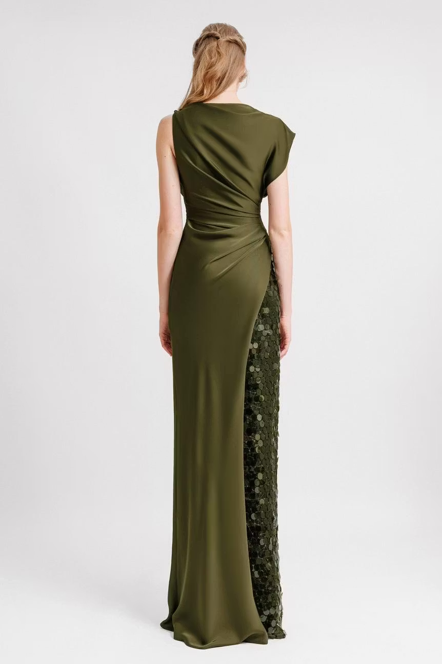 Asymmetrical Draped Satin Sequin High Slit Maxi Dress