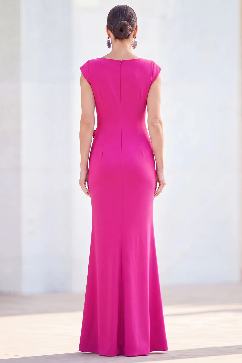 Cap Sleeve Floral Applique Ruched Mermaid Maxi Dress