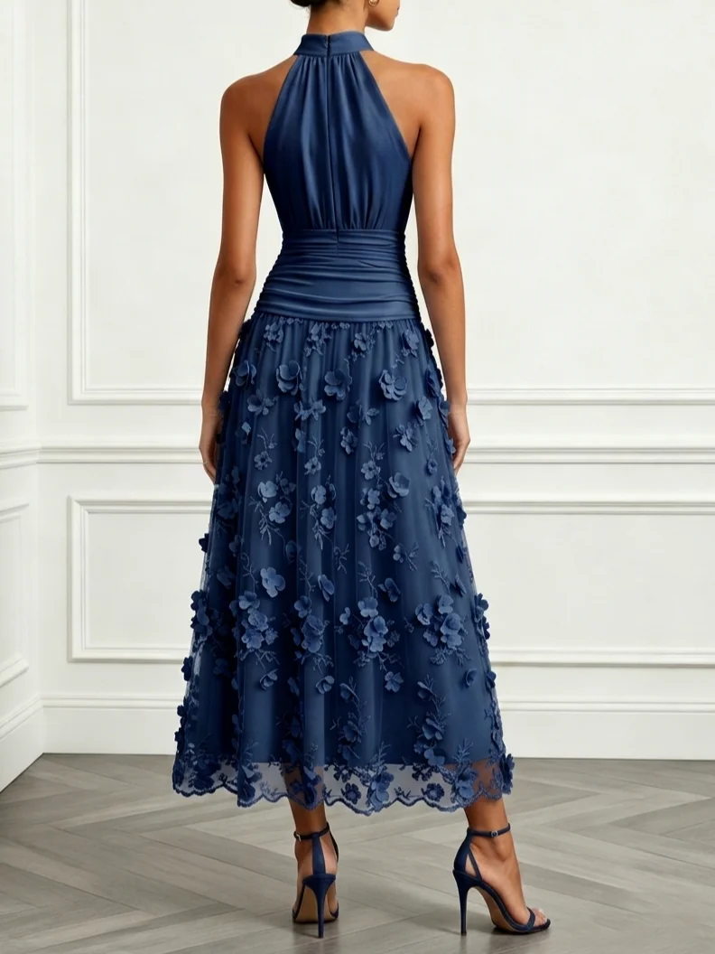 3D Floral Embroidery Classic Halter Neck Sleeveless A-Line Maxi Dress