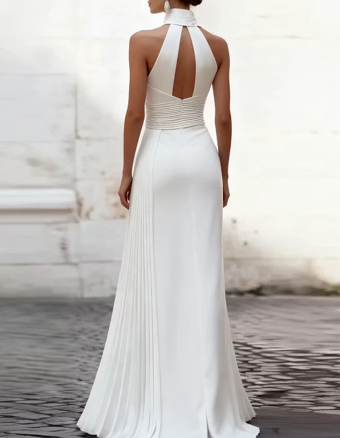 White Halter Neck Pleated Satin Dress